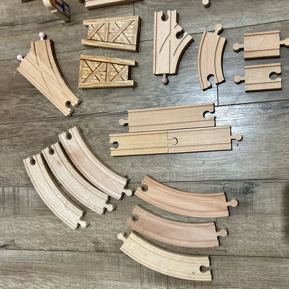 Lot of Wooden Train Tracks and Parts Assorted 35 Pieces Cars Signs Brio Thomas.